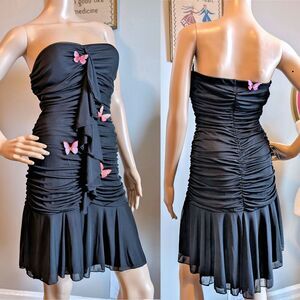 Vintage Y2K My Michelle Black Mini Dress Strapless Ruching Butterfly Rhinestone